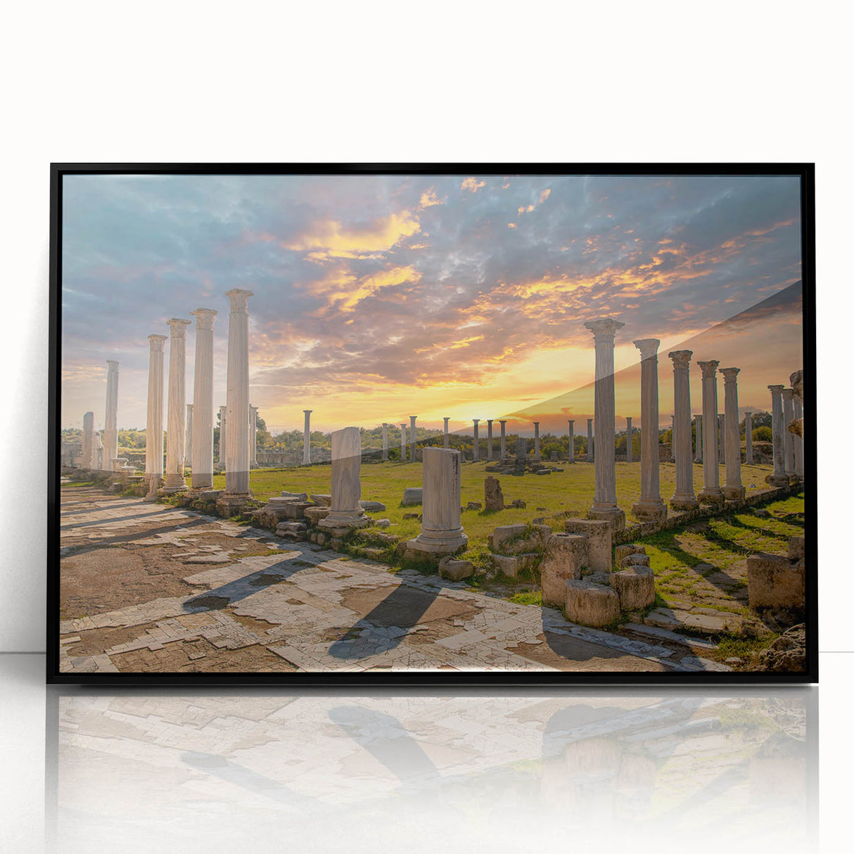 Large abstract wall art depicting a European Cyprus landscape in muted earth tones, framed in black acrylic.
