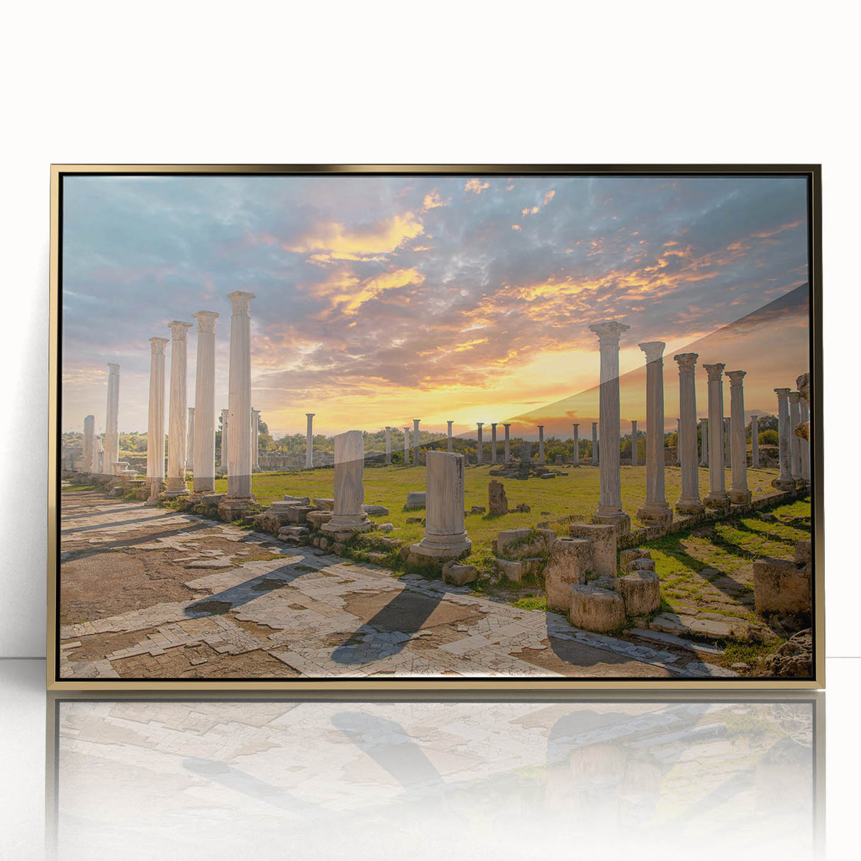 Art deco style poster of a European Cyprus scenery, in muted gold tones on acrylic, framed.