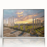 Mid-century modernist art depicting a European Cyprus landscape in muted earth tones on a framed acrylic panel.