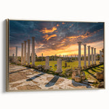 Framed canvas of a vintage-style landscape painting featuring Cyprus scenery with muted gold and black tones.