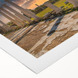 Art deco poster of a European Cyprus landscape in muted earth tones on rolled canvas, suitable for dining room decor.