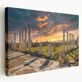 Large art print of a European Cyprus landscape in muted earth tones on stretched canvas, ideal for kitchen wall decor.