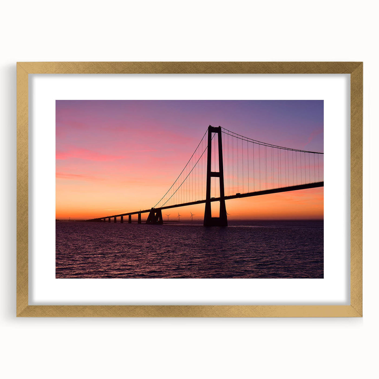 Abstract art print of a European landscape in muted blue and green tones, framed in gold, suitable for dining room decor.