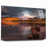 Acrylic print of a serene Cumbria landscape in muted greens and blues, ideal for dining room decor.