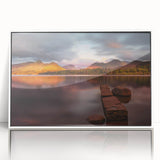 Mid-century modernist art depicting the serene Cumbria landscape in England on a framed acrylic, featuring soft earth tones.