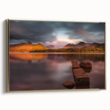 Framed canvas featuring a vintage-style landscape painting of Cumbria, England in muted earth tones.
