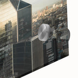 Large abstract depiction of London skyline in muted gray and blue tones on acrylic glass, ideal for dining room art.