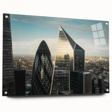 Acrylic print of the London skyline in muted gray and blue tones, suitable for dining room decor.