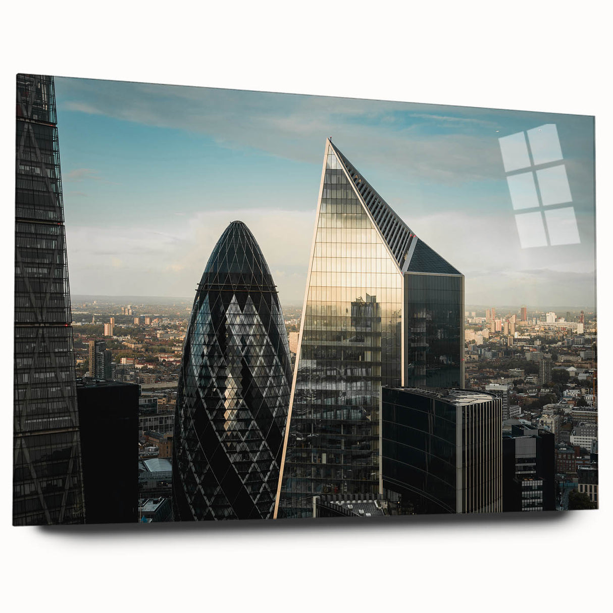 Acrylic print of London skyline in muted gray and blue tones, suitable for bedroom or dining room decor.