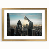 Abstract art print of London's skyline in muted gray and blue tones on a framed canvas, suitable for dining room decor.