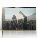 Large art print of London scenery in muted color palette on silver-framed acrylic, suitable for modern art wall decor.