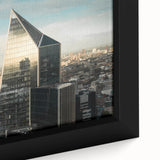 Extra large framed canvas featuring a textured depiction of the London skyline in black with colorful accents.