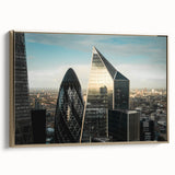 Landscape painting of London on framed canvas with vintage poster style in black and gold tones.