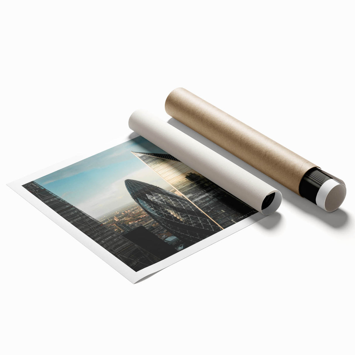 Extra large rolled print of a London scenery with floral elements in muted colors.