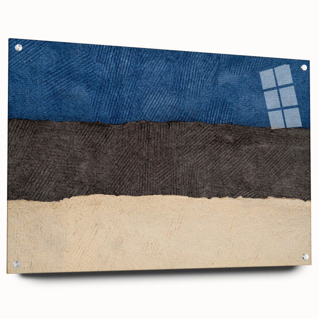 Abstract landscape of Estonia in muted blue and green hues on acrylic glass, ideal for dining room art.