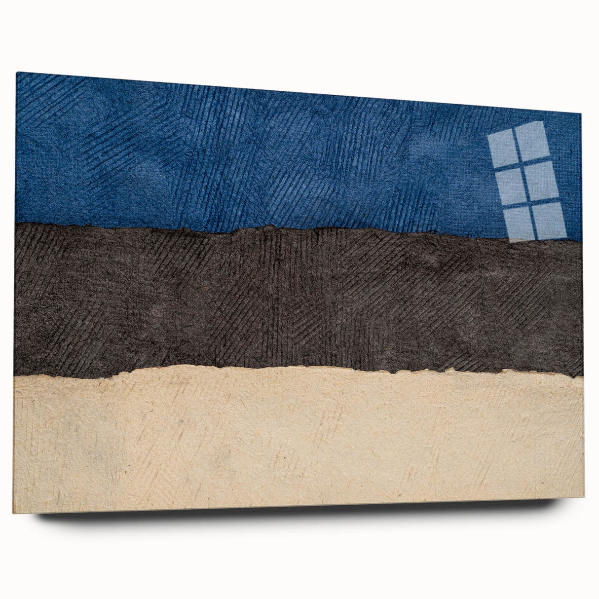 Large abstract depiction of a European landscape in muted blues and greens on acrylic glass.