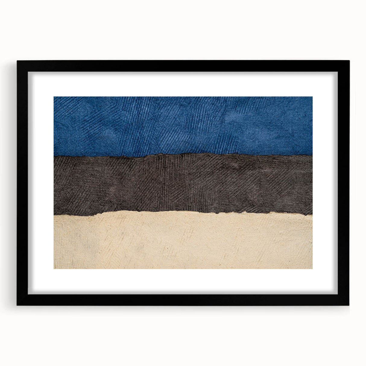 Extra large abstract art print depicting a textured, colorful European scenery on a black framed canvas.