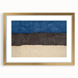 Abstract art print of a European landscape in muted green and blue tones, framed in gold, suitable for dining room decor.