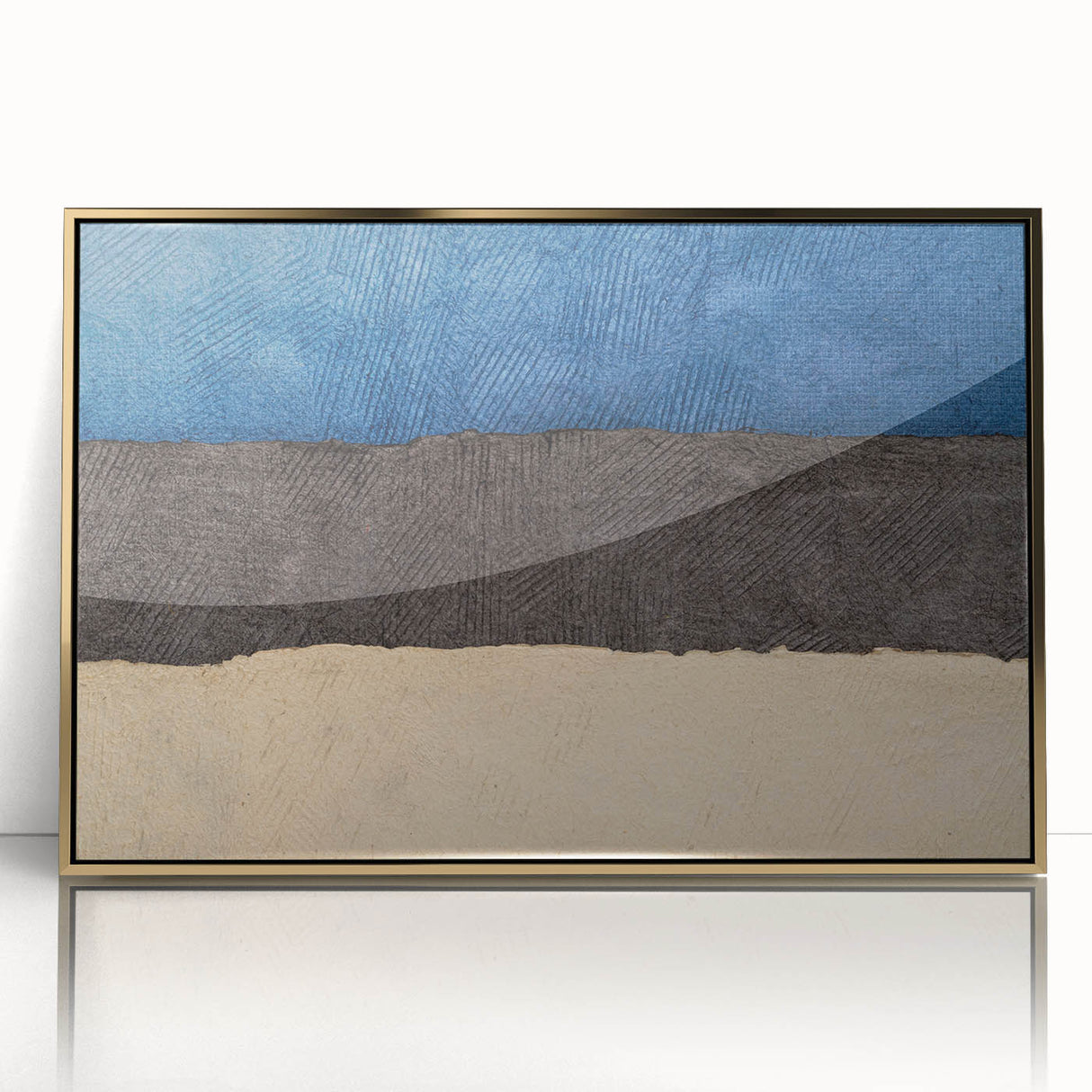 Art deco poster of a European cityscape in muted gold and blue tones, acrylic print framed in gold.