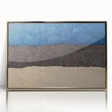 Art deco poster of a European cityscape in muted gold and blue tones, acrylic print framed in gold.