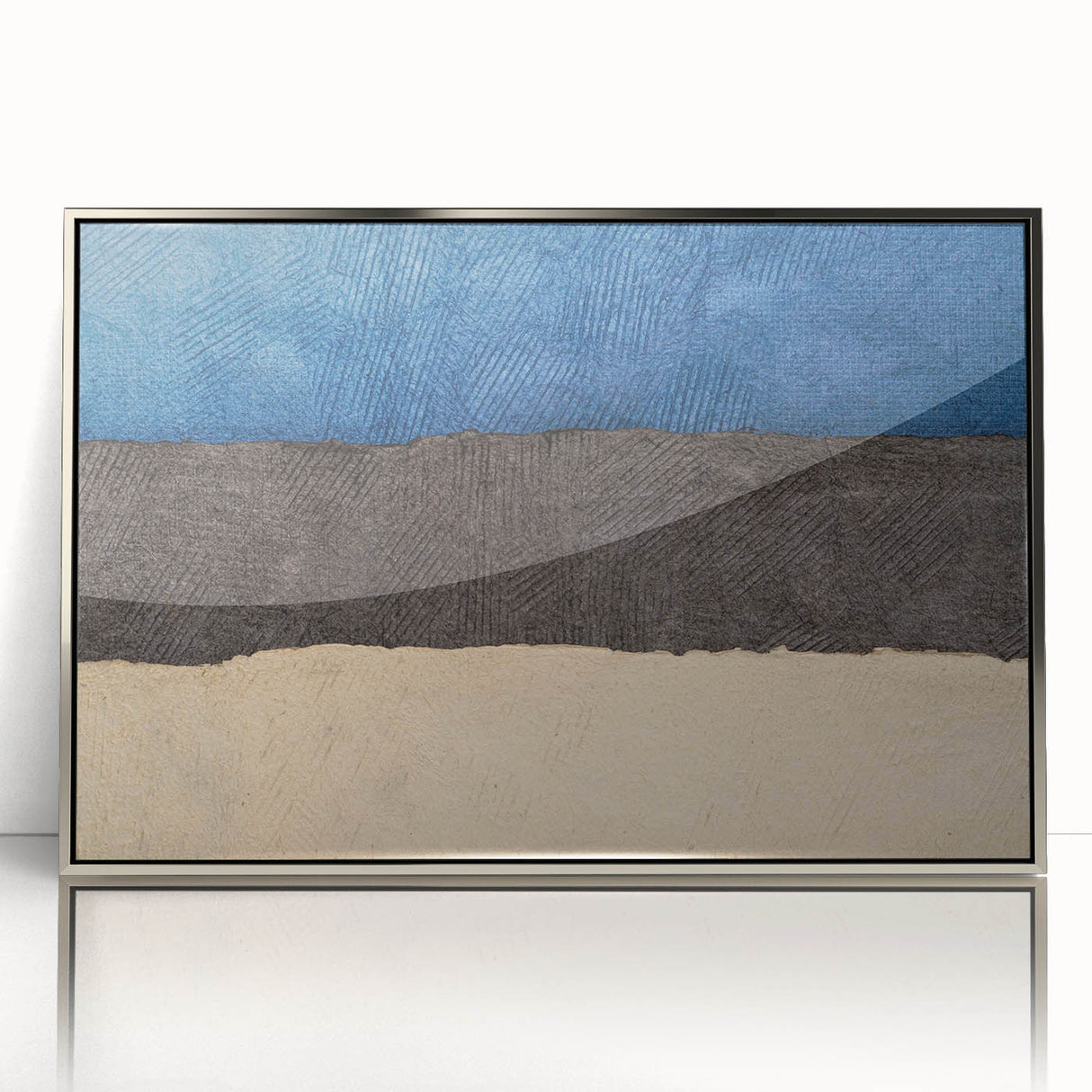 Large art print of a European Estonian scenery in muted green and blue tones, framed in silver acrylic.