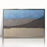 Large art print of a European Estonian scenery in muted green and blue tones, framed in silver acrylic.