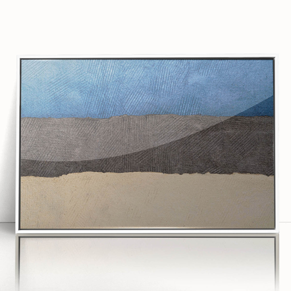 Mid-century modernist art depicting a serene Estonian landscape in muted green and blue tones, framed acrylic.