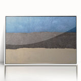 Mid-century modernist art depicting a serene Estonian landscape in muted green and blue tones, framed acrylic.