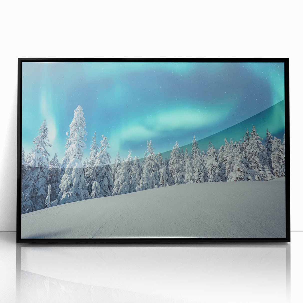 Large abstract wall art depicting a serene Finnish landscape in muted earth tones, framed in black acrylic.