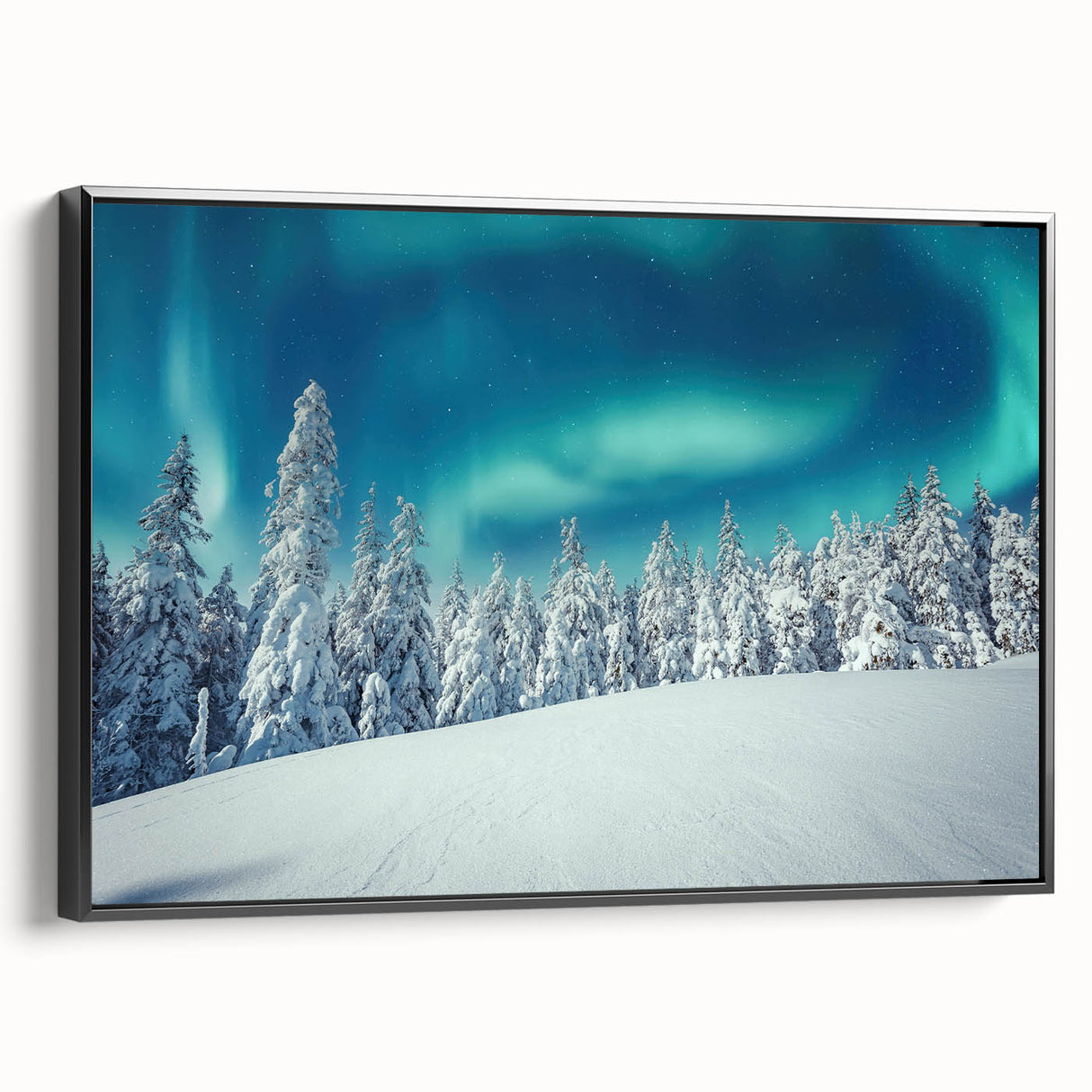 Black and white wall art featuring a vintage poster-style landscape of Finland on framed canvas, ideal for bedroom decor.