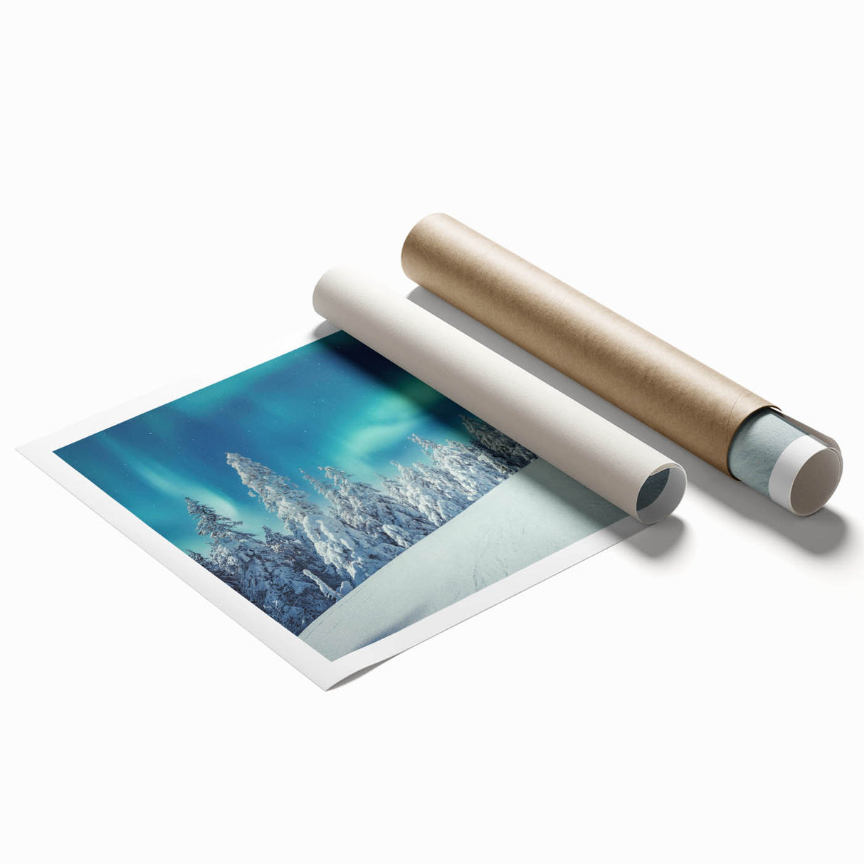 Extra large rolled print of a serene Finnish landscape with muted green and blue tones, ideal for classy bathroom wall art.