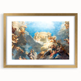 Abstract art print of Paris scenery in muted gold and blue tones, framed with a gold mat, suitable for dining room decor.