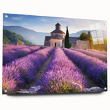 Acrylic print of a Provence landscape, featuring rolling hills and lavender fields, in soft green and purple tones.