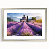 Extra large abstract art print of Provence scenery in muted colors on textured canvas, framed in silver.