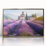 Large art print of a scenic Provence landscape in muted earth tones on a gold-framed acrylic.