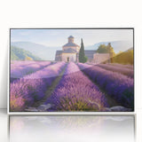 Art deco poster depicting a serene Provence landscape with muted color tones on a framed acrylic.