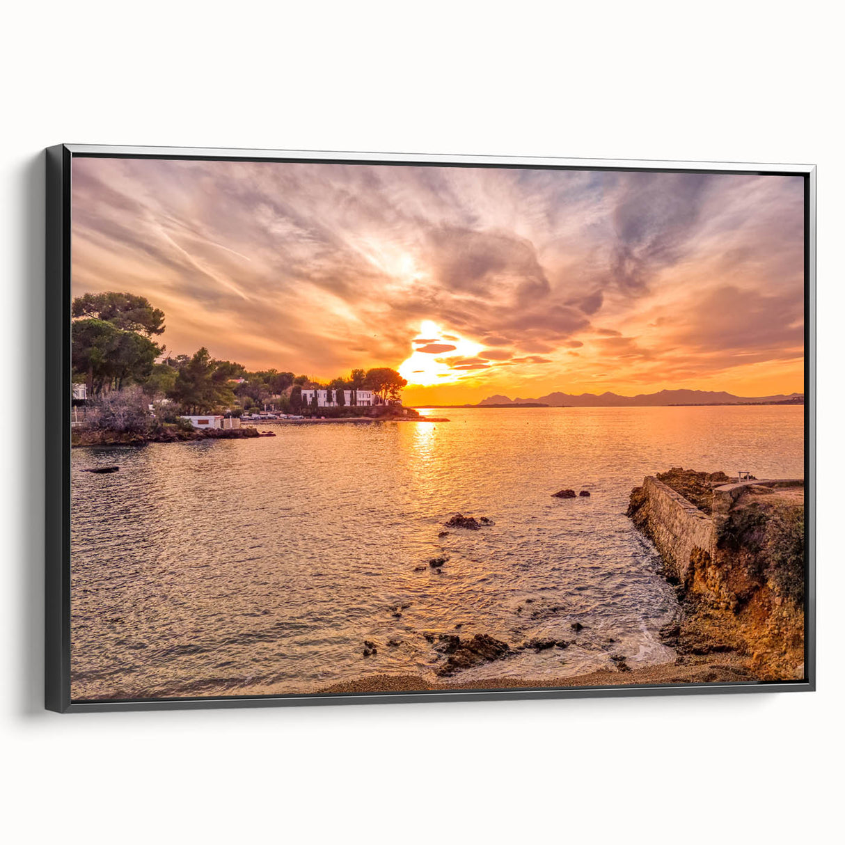 Black and white framed canvas of a vintage South France landscape, ideal for bedroom wall art.