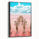 Black and white framed canvas of Yucatan landscape in vintage poster style, ideal for bedroom wall art.