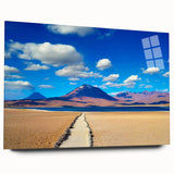Large abstract wall art depicting a Bolivian landscape in muted earth tones, printed on acrylic glass.