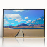 Large art print of a Bolivian landscape in mid-century modernist style, with muted earth tones on a gold-framed acrylic.