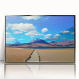 Mid-century modernist art depicting a Bolivian landscape in earth tones on a silver-framed acrylic print.