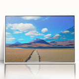 Art deco poster depicting a serene Bolivian landscape in muted earth tones, framed acrylic.