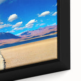 Framed canvas featuring a textured depiction of a Bolivian landscape in black with colorful accents.