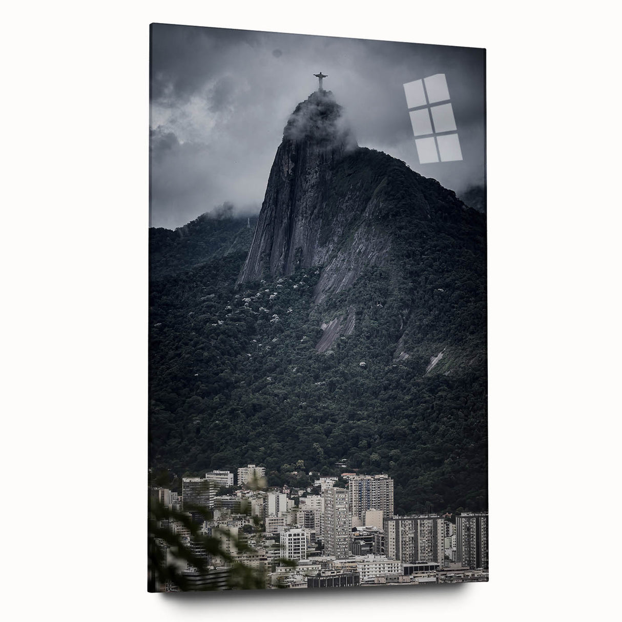 Large abstract depiction of a Brazilian landscape on acrylic glass, using vivid green and blue tones.