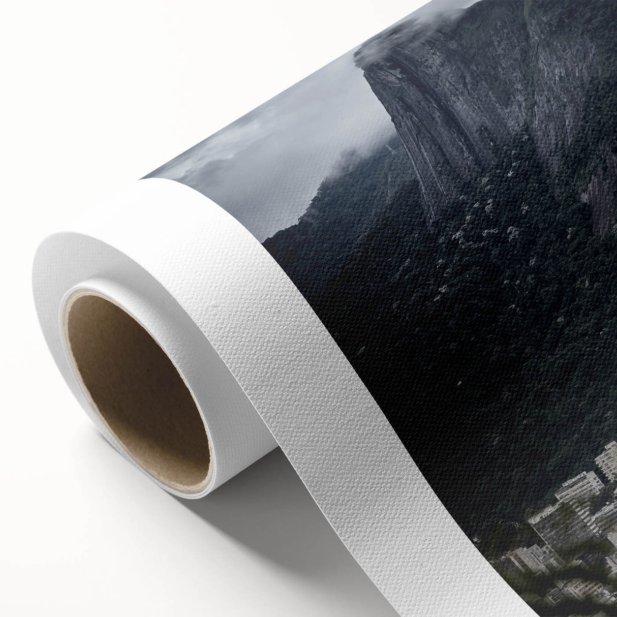 Art Deco style poster of a Brazilian landscape on rolled canvas, featuring vibrant green and blue tones.