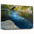 Acrylic print of a serene Connecticut landscape, featuring muted green and blue tones, ideal for dining room decor.