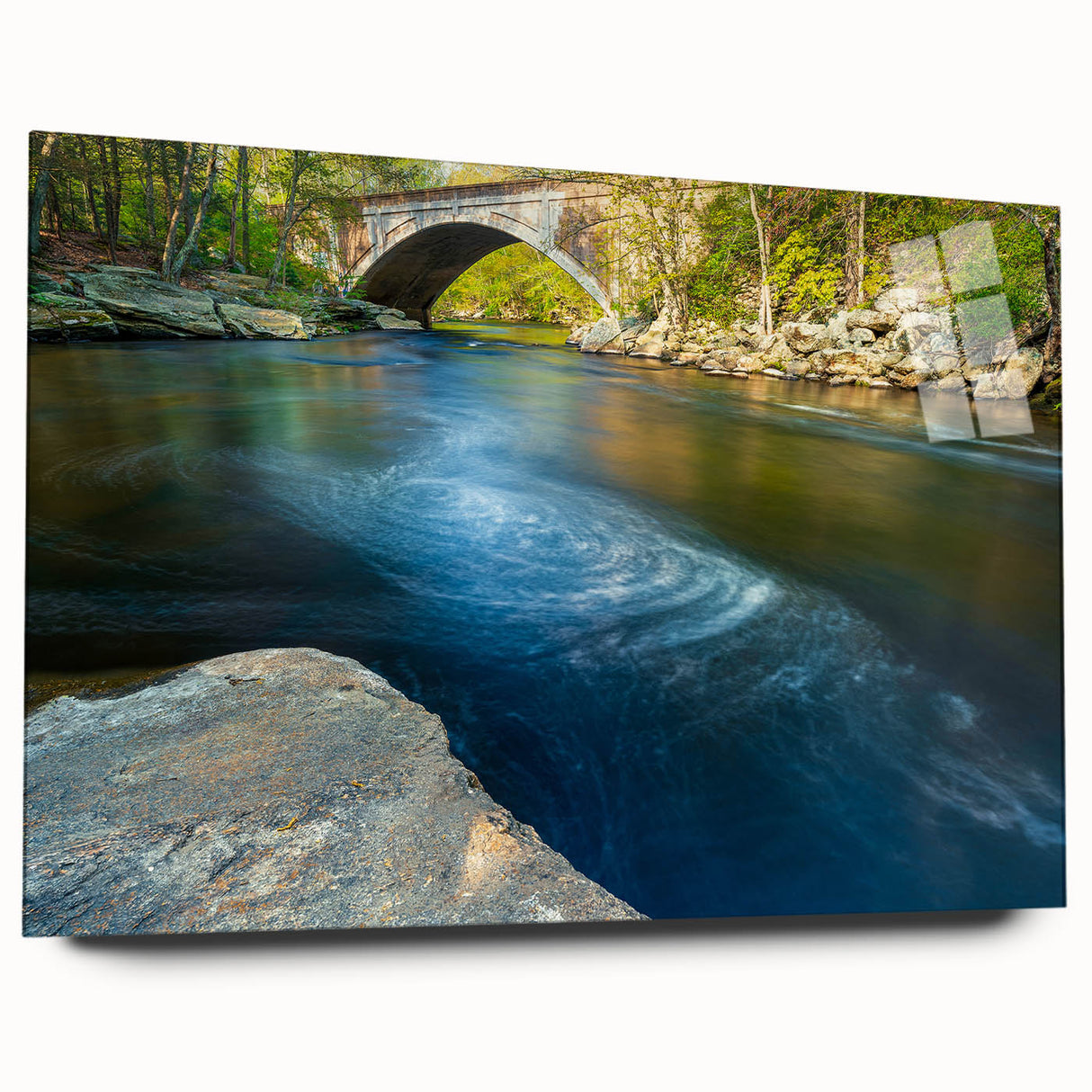 Large abstract wall art depicting a serene Connecticut landscape in muted green and blue tones on acrylic glass.