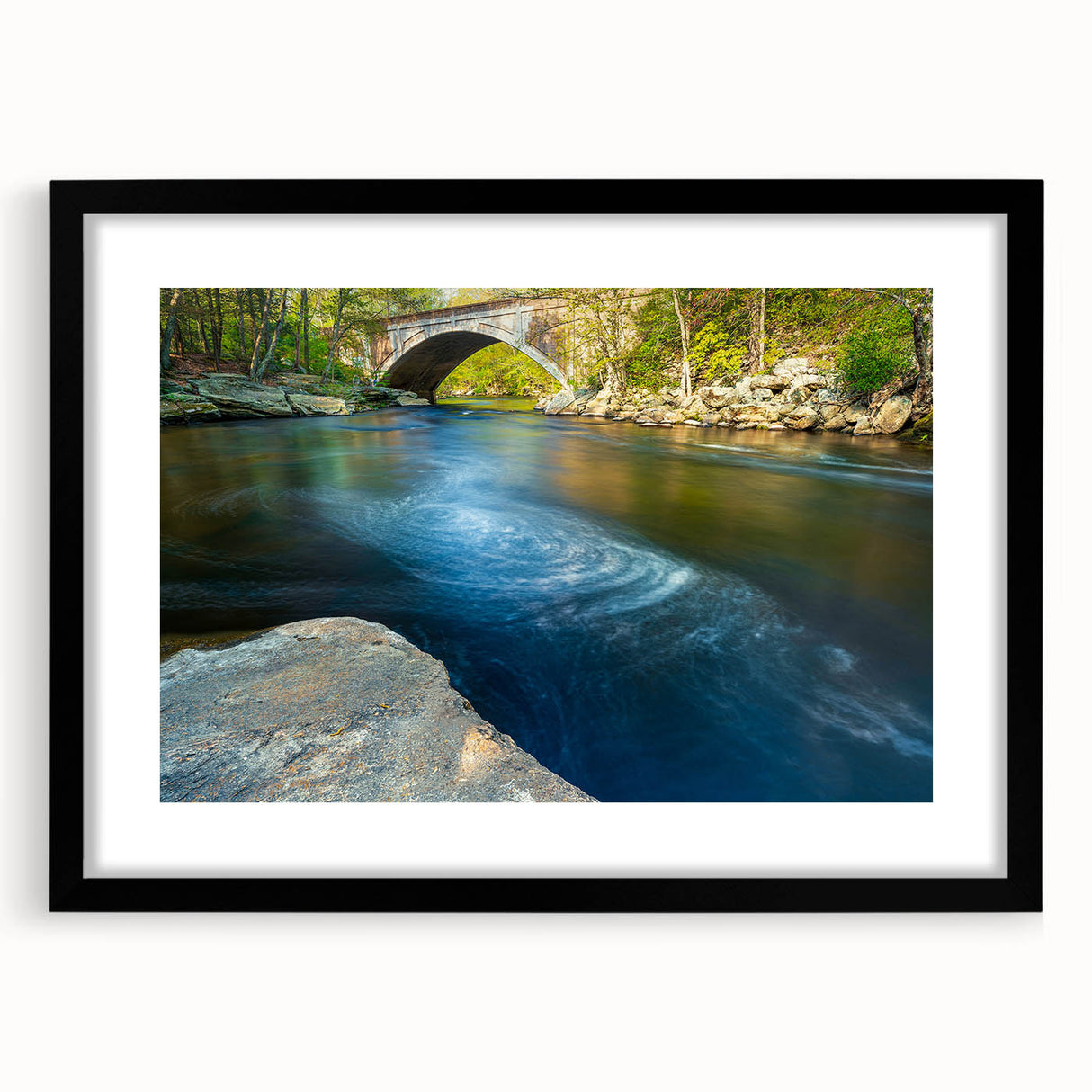 Extra large abstract art print of a colorful, textured Connecticut scenery on a black framed canvas.
