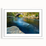 Abstract art print of Connecticut scenery in muted green and blue tones, framed with a white mat.