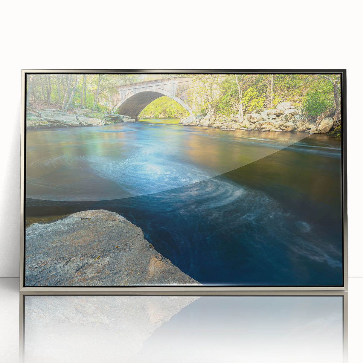 Mid-century modernist art depicting the Connecticut scenery in muted earth tones on a framed acrylic print.